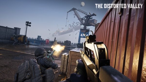 Screenshot from Arena Breakout: Infinite showing intense gunfight on a dock, with players taking cover behind crates in The Distorted Valley.
