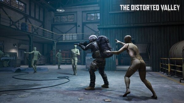 Screenshot from Arena Breakout: Infinite shows a soldier aiming a gun while surrounded by mannequin figures in a warehouse.