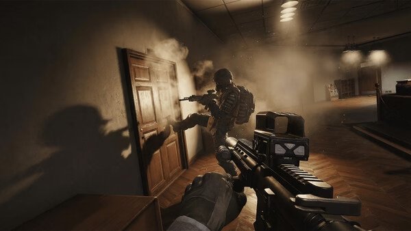Arena Breakout: Infinite screenshot showing a soldier breaching a wooden door with smoke and tactical gear in a dimly lit room.