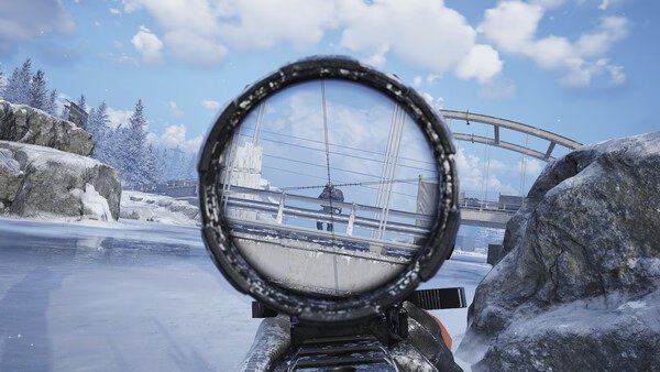 Arena Breakout: Infinite screenshot showing a sniper rifle scope aimed at a distant enemy across a snowy bridge.