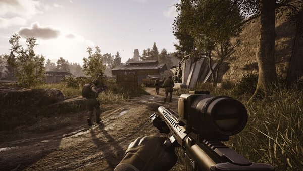 A screenshot from "Arena Breakout: Infinite" showing players navigating a forest path with weapons drawn at sunset.
