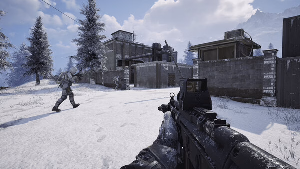 Screenshot from Arena Breakout: Infinite showing a snowy battlefield, armed soldier approaching, and a rifle aimed at a building.