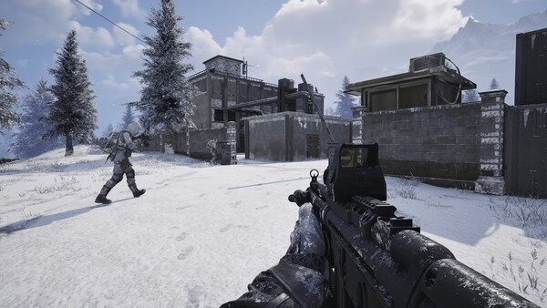 Screenshot from Arena Breakout: Infinite showing a snowy battlefield, armed soldier approaching, and a rifle aimed at a building.