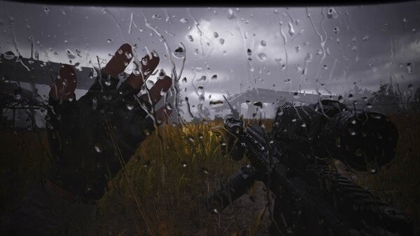A screenshot from Arena Breakout: Infinite showing a player holding up a hand in rain, with a rifle aimed at a misty field.