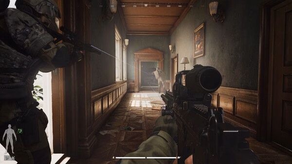 Screenshot from Arena Breakout: Infinite showing a tense hallway firefight, with players aiming rifles at an approaching enemy.