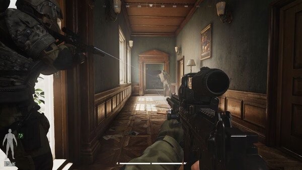 Screenshot from Arena Breakout: Infinite showing a tense hallway firefight, with players aiming rifles at an approaching enemy.