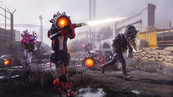 Screenshot from Once Human showing characters in combat gear fighting alien creatures in a post-apocalyptic environment.