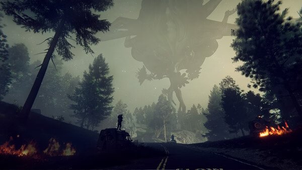 Screenshot from Once Human: A shadowy, towering creature looms over a forest road with scattered fires and abandoned vehicles.