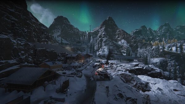 Screenshot from Once Human showing a snowy mountain village at night, illuminated by the aurora borealis under a starry sky.