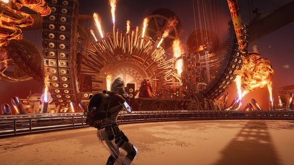 A "Once Human" screenshot showing a player in combat gear facing a massive fiery structure in a futuristic setting.