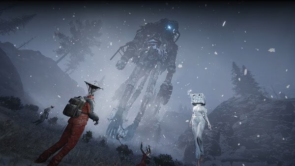 Screenshot from Once Human shows a towering robotic creature in a snowy landscape, with figures approaching it.