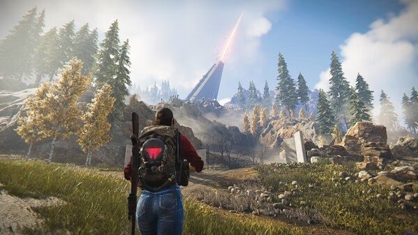 A screenshot from Once Human showing a player exploring a forested area with a glowing tower visible in the distance.