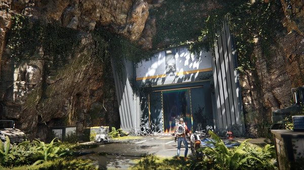 A screenshot from Once Human showing a player standing near a futuristic structure surrounded by greenery and rocky terrain.