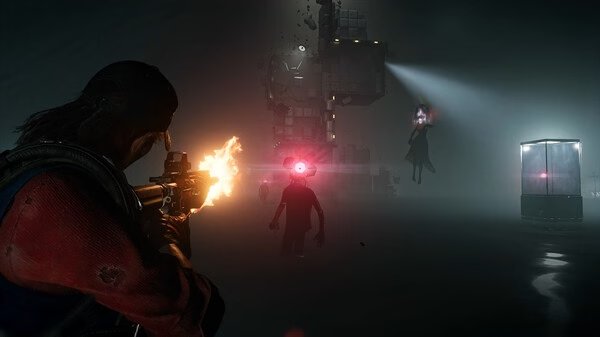 Screenshot from Once Human showing a player character firing at shadowy figures in a dark, misty environment with glowing red eyes.