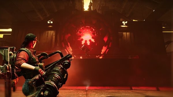 A Once Human screenshot showing a player with a heavy weapon facing a glowing red portal in a dark industrial setting.