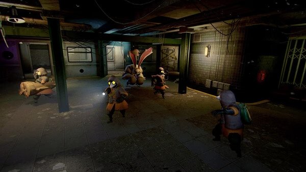 Screenshot from MIMESIS showing players in protective gear confronting a giant rabbit-like creature in a dimly lit industrial area.