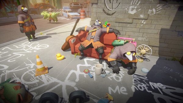 Screenshot from MIMESIS showing bird-like characters resting on a graffiti-covered couch surrounded by scattered objects and toys.