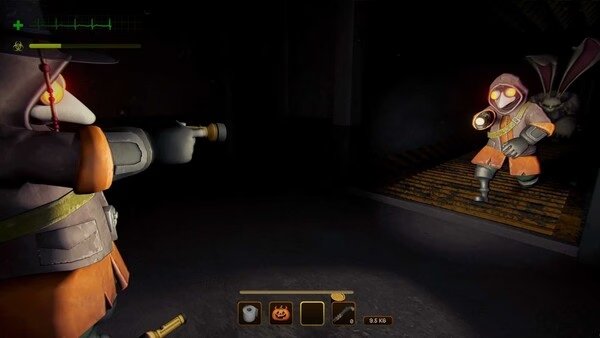 Screenshot from MIMESIS showing two characters in gas masks pointing flashlights at each other in a dark corridor.