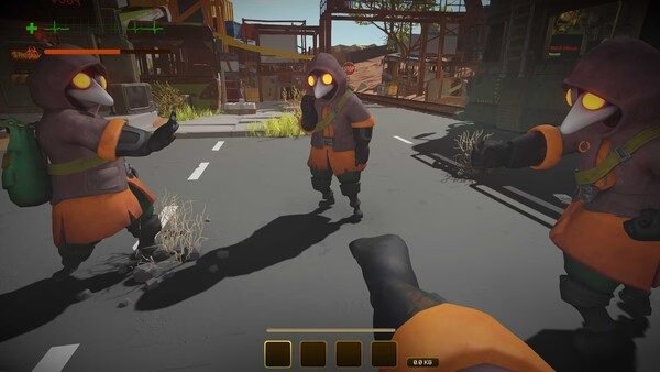 Screenshot from MIMESIS: Three characters in plague doctor outfits surround the player on a deserted road.