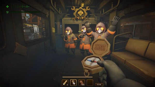 Screenshot from MIMESIS game showing three hooded figures with glowing eyes inside a dimly lit train car, one holding a compass.