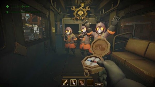 Screenshot from MIMESIS game showing three hooded figures with glowing eyes inside a dimly lit train car, one holding a compass.