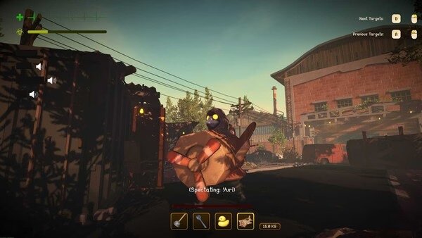 MIMESIS screenshot: A character in a mask holds a large object in a sunlit, industrial setting with visible buildings and power lines.