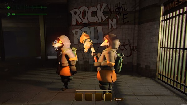 Screenshot from MIMESIS: Two hooded characters holding weapons stand in a dimly lit area with graffiti on the wall.