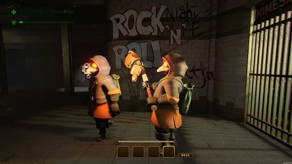 Screenshot from MIMESIS: Two hooded characters holding weapons stand in a dimly lit area with graffiti on the wall.
