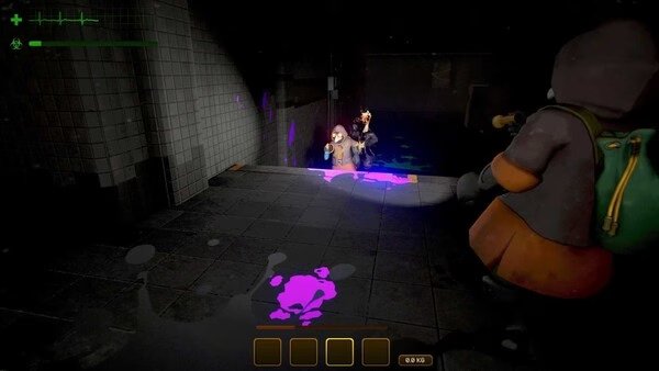 Screenshot from MIMESIS game showing a character with a backpack holding a flashlight, illuminating a dark, tiled corridor with purple stains.