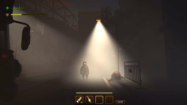 Screenshot from MIMESIS: A character in a hazmat suit walks through a foggy, dimly lit street under a streetlamp.