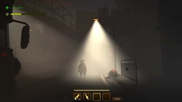 Screenshot from MIMESIS: A character in a hazmat suit walks through a foggy, dimly lit street under a streetlamp.