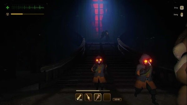 Screenshot from MIMESIS: Three characters in glowing goggles and hooded outfits descend a dimly lit staircase, with eerie red light ahead.