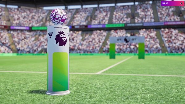 Football Manager 26 screenshot: A close-up of the Premier League match ball on a stand, with a stadium and crowd in the background.