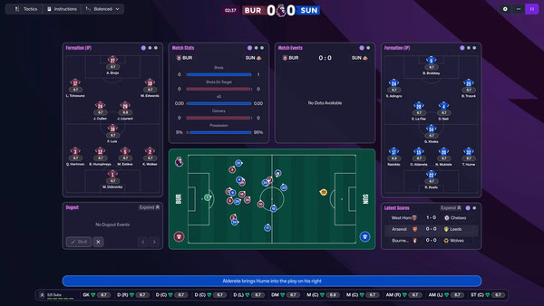 Football Manager 26 screenshot: Match tactics screen showing formations, player stats, match events, and live pitch view of BUR vs SUN.
