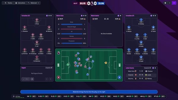 Football Manager 26 screenshot: Match tactics screen showing formations, player stats, match events, and live pitch view of BUR vs SUN.