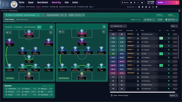 Football Manager 26 screenshot: A tactical setup screen displaying player positions and strategies for an upcoming match.