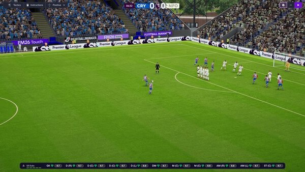 Screenshot from Football Manager 26 showing a free-kick situation with players lined up and fans in the stadium.