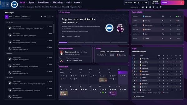 Football Manager 26 screenshot showing a team dashboard with messages, fixtures, league table, and broadcast match details.