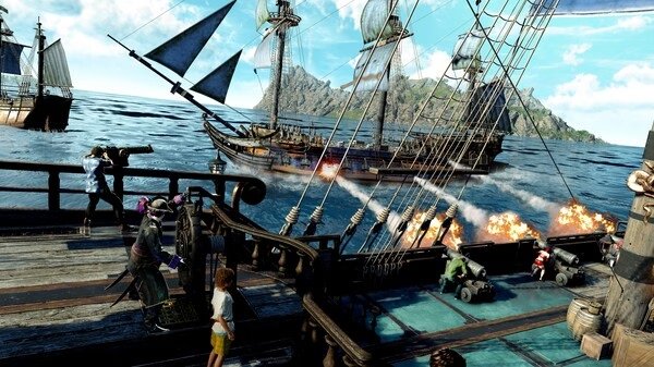 Screenshot from Like a Dragon: Pirate Yakuza in Hawaii showing a ship battle with cannons firing and crew on deck.