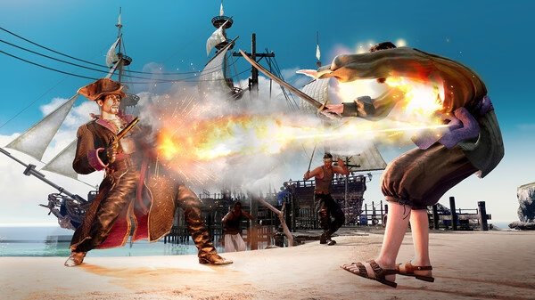 A screenshot from Like a Dragon: Pirate Yakuza in Hawaii shows a pirate firing a flaming gun at a man wielding a glowing katana on a dock.