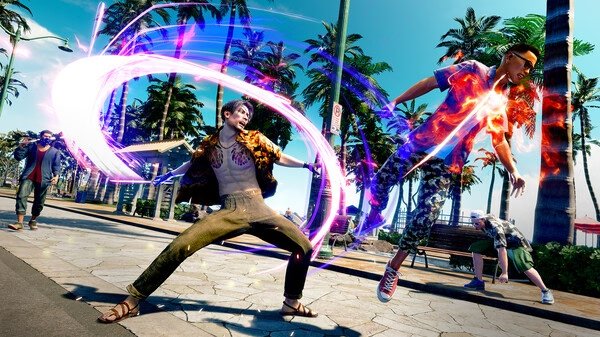 Screenshot from Like a Dragon: Pirate Yakuza in Hawaii showing a street fight with vibrant energy effects amidst palm trees and a sunny backdrop.