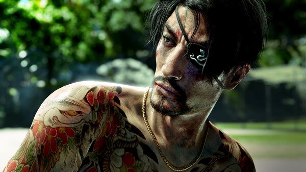 Screenshot from Like a Dragon: Pirate Yakuza in Hawaii showing a tattooed character outdoors with lush greenery in the background.