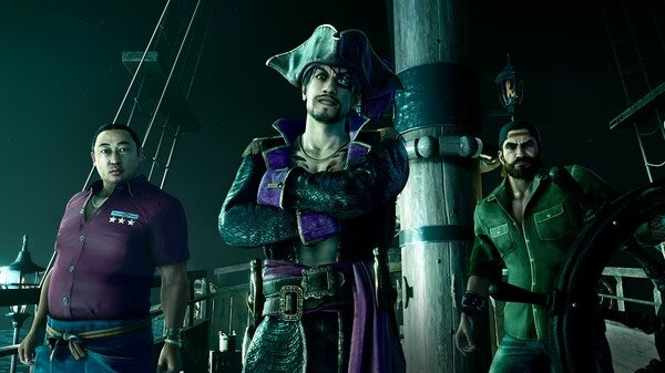 Screenshot from Like a Dragon: Pirate Yakuza in Hawaii showing three characters on a pirate ship deck at night.
