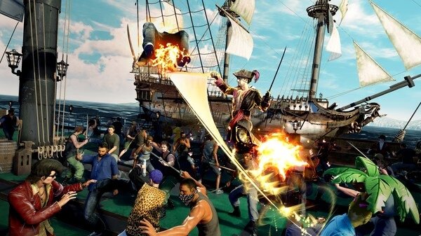 Screenshot from Like a Dragon: Pirate Yakuza in Hawaii showing a chaotic pirate battle with flaming attacks aboard a ship.