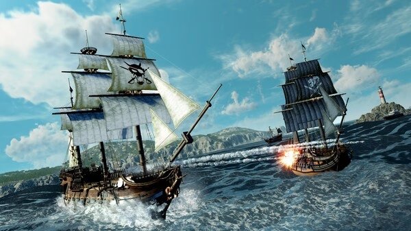 Screenshot from Like a Dragon: Pirate Yakuza in Hawaii showing two pirate ships in a naval battle with islands in the background.