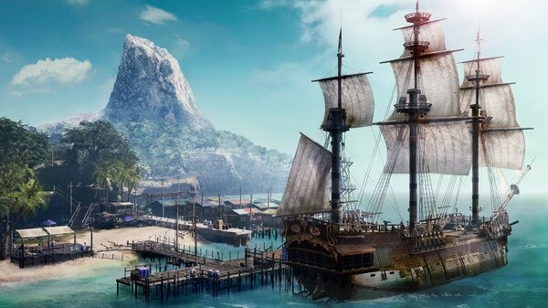 Screenshot from Like a Dragon: Pirate Yakuza in Hawaii showing a majestic pirate ship docked near a tropical island village.