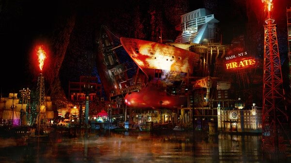 Screenshot from Like a Dragon: Pirate Yakuza in Hawaii showing a fiery shipyard with ships, neon signs, and glowing torches at night.