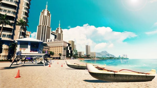 Screenshot of Like a Dragon: Pirate Yakuza in Hawaii showing a sunny beach with canoes, lifeguard tower, and tall buildings in the background.
