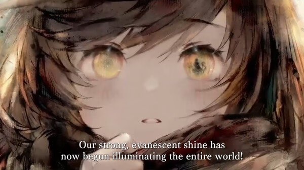 MementoMori screenshot: A close-up of a character with glowing golden eyes, accompanied by the text "Our strong, evanescent shine..."