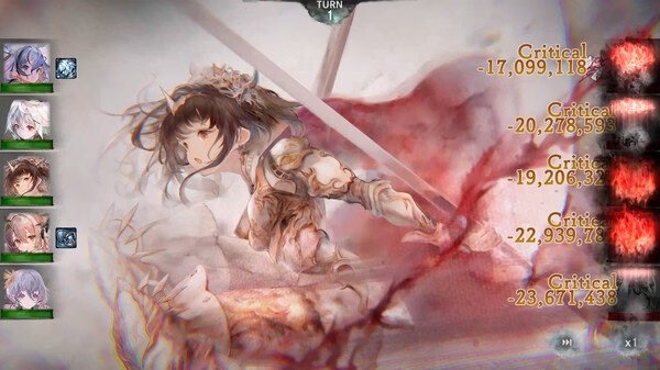 Screenshot from MementoMori shows a warrior in mid-air, sword drawn. Critical hit numbers appear on the right.